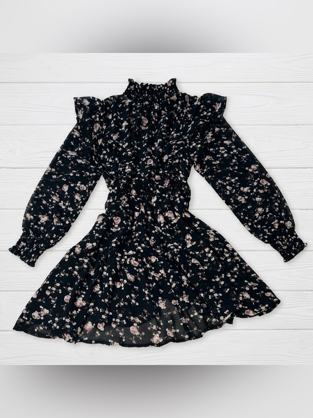 70/21 Black Floral Mock Neck Mini Dress Sheer Long Bishop Sleeve Ruffle Small S